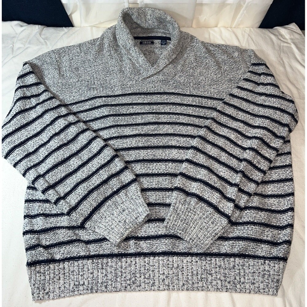 Izod‎ Knit Sweater Mens XL Striped Cotton Blend Shawl Collared Pullover Navy